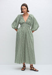 Shirred Plunge Button Dress - Vetiver - Matteau